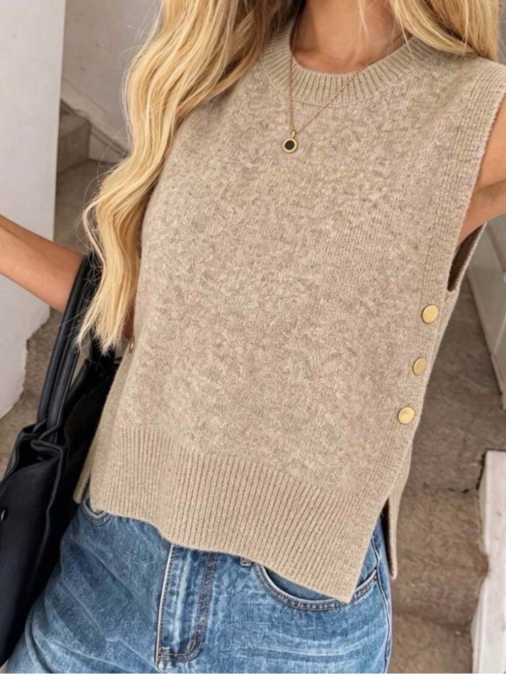 Sleeveless Button-Accent Knit Sweater Vest in Beige